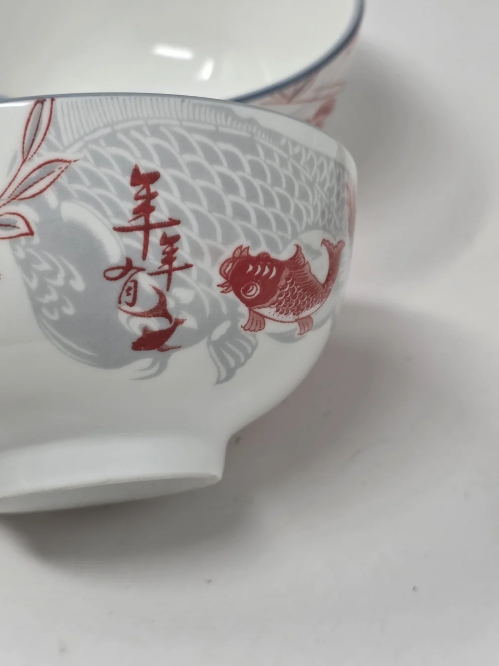 SF Marked glazed Porcelain Bowls with Red Floral&Fish Motif Japanese Set of 3